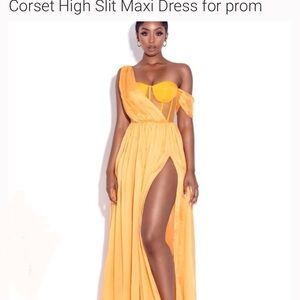 Yellow One Shoulder Maxi Gown – Corset Cutout Slit Dress – Formal or Prom